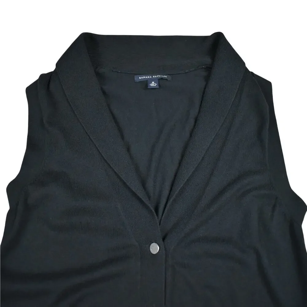 Banana Republic Womens M Black Long Button Knit Sweater Vest Academia Preppy